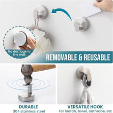 TAILI Stylish 304 Stainless Steel Bathroom Suction Hooks for Towel, Bathrobe, Loofah, No Damage Hanging Glass Shower Wall Hook, Patented Strong Suction Cup Holder, Hold Up to 11 Lbs, I-Cylinder Silver