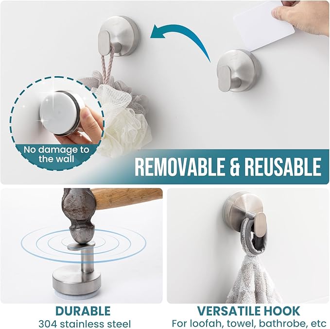 TAILI Stylish 304 Stainless Steel Bathroom Suction Hooks for Towel, Bathrobe, Loofah, No Damage Hanging Glass Shower Wall Hook, Patented Strong Suction Cup Holder, Hold Up to 11 Lbs, I-Cylinder Silver