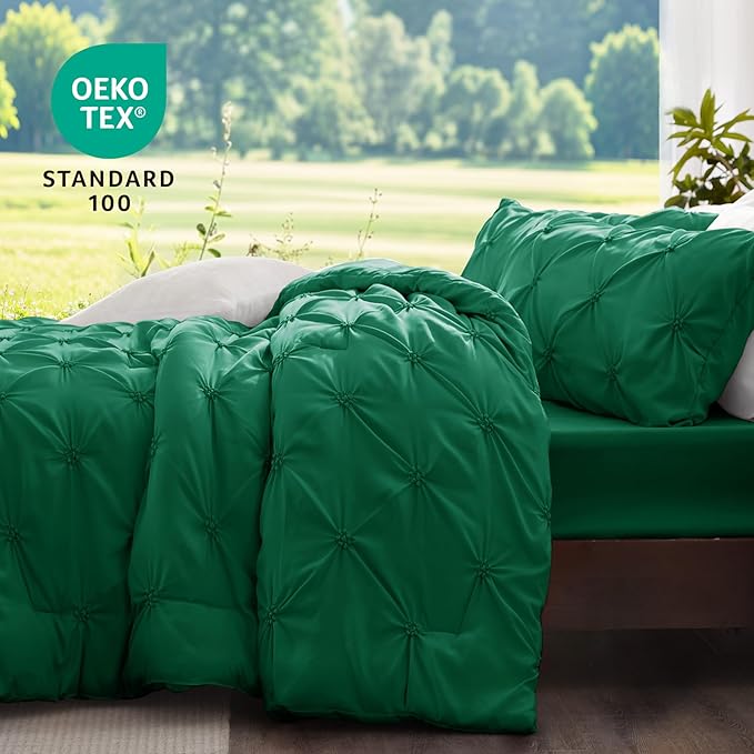 BEDELITE Forest Green King Size Comforter Set - 3 Pieces Boho Pintuck Bedding Comforter Sets, Lightweight Soft & Warm King Bedding Set with 2 Pillowcases for All Season