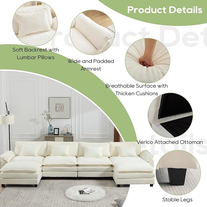 154" Modular Sectional Sofa, Comfy Cloud Couch Sectional Sofa with Ottoman, Chenille Sofa Sleeper Deep Seat Sofa with Throw Pillows for Living Room (Beige White, 154"- U Shape)