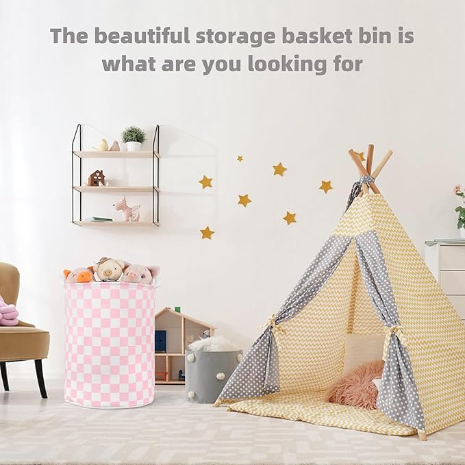 Large Foldable Laundry Basket Organizer Holder portable tall collapsible laundry hamper nusery Storage Basket Bin with Handles (Waterproof Lining, Pink Racing Flag)