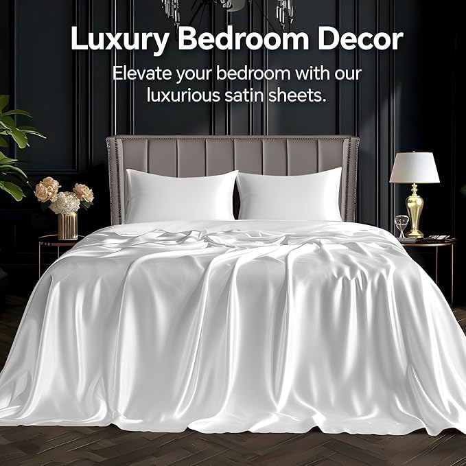 BEDELITE King Size Sheets Set, Luxury Soft White Satin Sheets for Hair and Skin, Similar to Silk Bed Sheets Set 4 Pieces with 1 Deep Pocket Fitted Sheet, 1 Flat Sheet, and 2 Pillowcases