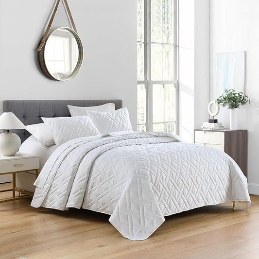HORIMOTE HOME Quilt Set Twin Size White, Classic Geometric Diamond Stitched Pattern, Ultra Soft Microfiber Lightweight Bedding Set Bedspread Coverlet for All Season (1 Quilt and 1 Pillow Sham)