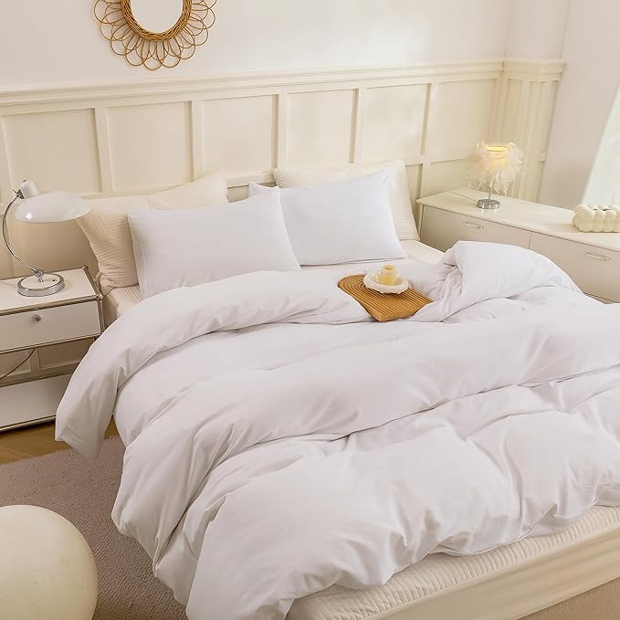 ECOCOTT White Duvet Cover King Size - 100% Washed Cotton Durable Soft Comfy Duvet Cover Set, Lightweight and Breathable with Zipper Closure & Corner Ties (White, 104''x90'')