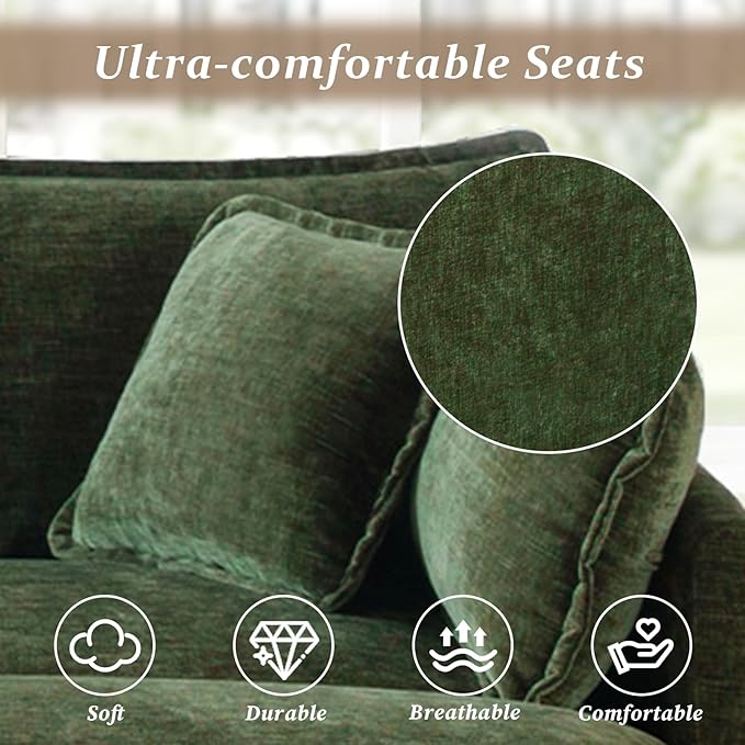 SoarFlash Chenille Sectional Sofa, Comfy Modular Coush Sofa with Ottoman, Modern 2 Seat Recliner Deep Seat Sofa Set for Living Room,Green