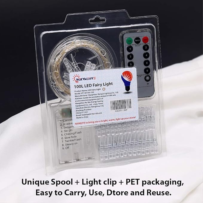 HXWEIYE Warm White Photo Clips String Light, Timer & 8 Modes, 33Ft 100LEDs Battery Powered Fairy Light with 52 Clear Clips & 12 Hooks on Wall for Hanging Picture,Bedroom Party