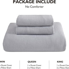 EMME Muslin Cotton Duvet Cover Set Light Grey Queen Size Linen Like Soft Breathable Lightweight Summer Comforter Cover Set with Zipper Closure (Light Grey, Queen, 90