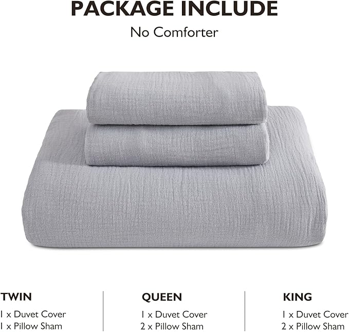 EMME Muslin Cotton Duvet Cover Set Light Grey Queen Size Linen Like Soft Breathable Lightweight Summer Comforter Cover Set with Zipper Closure (Light Grey, Queen, 90"x90")