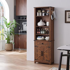 72in Tall Bookshelf 7 Tier Bookcase with Drawer and Barn Doors and Adjustable Shelves, Brown Farmhouse Book Shelf with Storage Cabinet, Wood Freestanding Display Bookshelves for Kitchen