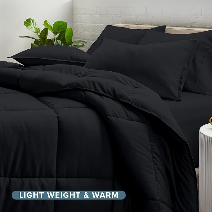 Bare Home Bed-in-A-Bag 5 Piece Comforter & Sheet Set - Twin - Goose Down Alternative - Ultra-Soft 1800 Premium Bed Set (Twin, Black/Black)