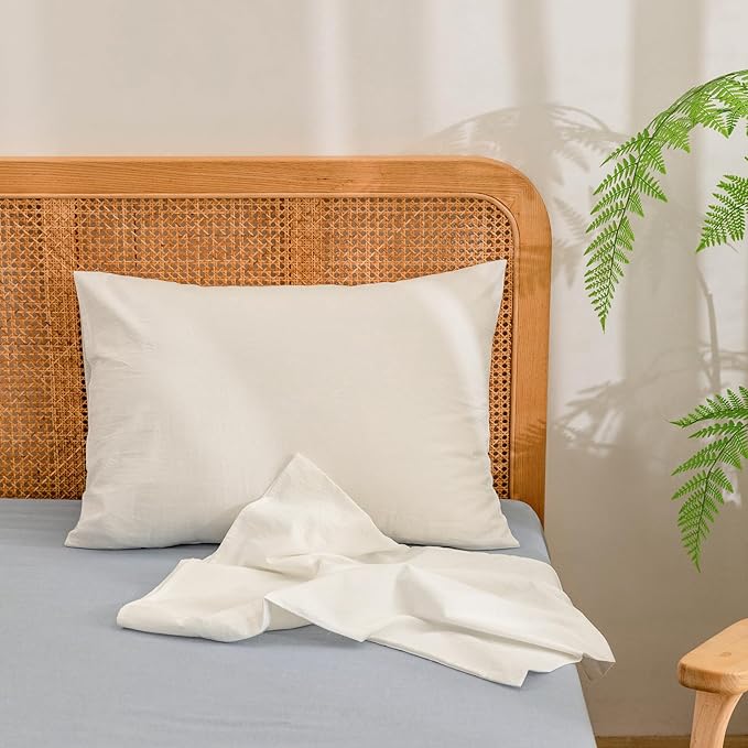 BESTOUCH 100% Washed Cotton Pillowcase for Hair and Skin Linen Feel Soft Comfortable Breathable 2 Set Pillow Case with Envelope Closure Solid Off White Standard 20x26 Inches