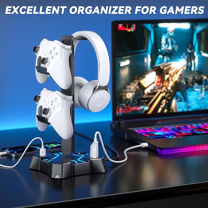 KDD Headphone Stand with USB Charger, Controller Stand for Desk, Headphone Holder with 2 USB Charging Ports and 3 AC Outlets, Accessories for Desktop(Black)