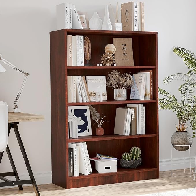 Farini 4 Shelf boockase Display Bookcase Freestanding Wooden Bookshelves for Home Office Living Room,48 Inch Height，Cherry