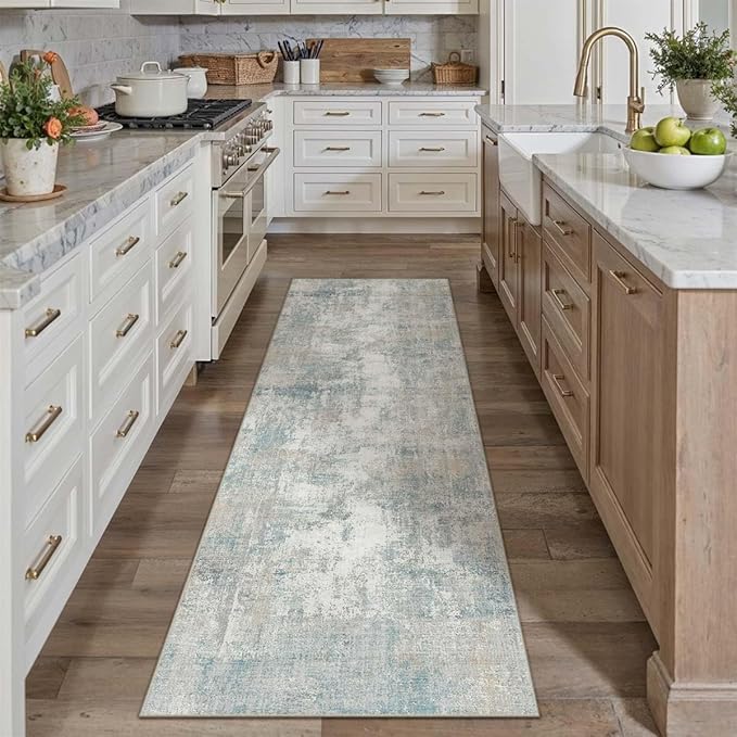 3x8 Washable Runner Rug Blue Cream Abstract Hallway Kitchen Throw Rug Neutral Modern Non Slip Soft Low Pile Lightweight Carpet for Bathroom Laundry Bedroom Living Room