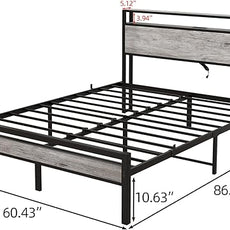 HOJINLINERO Queen Bed Frame with Storage Headboard/Power Outlets/USB Ports Charging Station,Metal Bed Frame Queen Size No Box Spring Needed,Under Bed Storage,Easy Assembly,Warm Grey