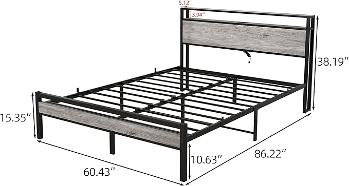 HOJINLINERO Queen Bed Frame with Storage Headboard/Power Outlets/USB Ports Charging Station,Metal Bed Frame Queen Size No Box Spring Needed,Under Bed Storage,Easy Assembly,Warm Grey
