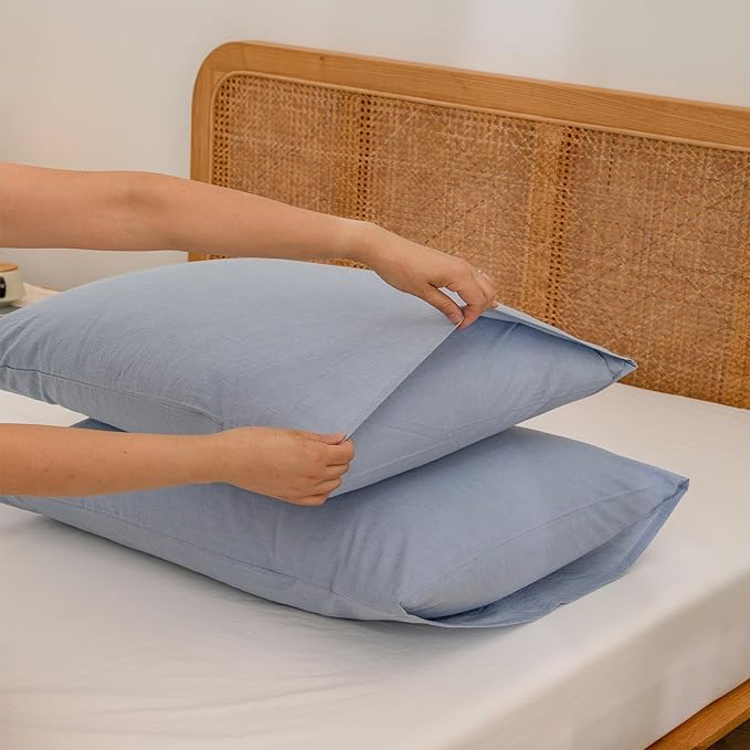 BESTOUCH 100% Washed Cotton Pillowcase for Hair and Skin Linen Feel Soft Comfortable Breathable 2 Set Pillow Case with Envelope Closure Solid Cornflower Blue Queen 20x30 Inches