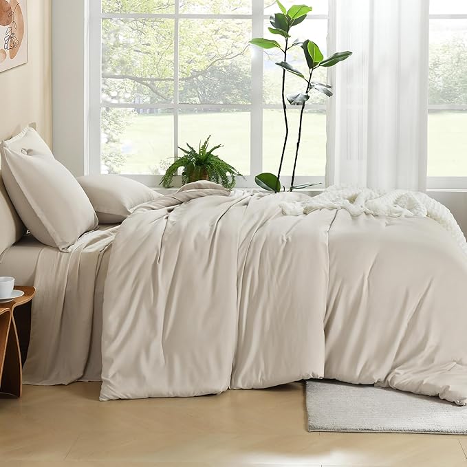Litanika Comforter Set, Lightweight Solid Bedding Comforter Set, Fluffy Down Alternative Bed Set, Oatmeal, Twin/Twin XL