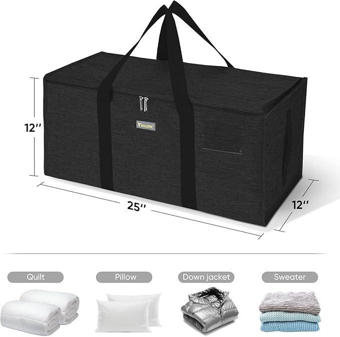 BALEINE Extra Large Storage Tote with Zippers & Carrying Handles, Heavy-Duty Oxford Fabric Moving Bags for Laundry, Space Saving, Storage, Charcoal Black, 1-Pack