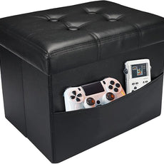 AmasSmile Storage Ottoman Folding Foot Rest Stool with Side Pocket, 16 inch Leather Footstool Bench, Short Ottoman Bench, Storage Foot Rest Store, Books, Black