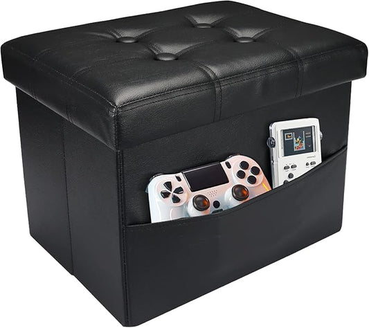 AmasSmile Storage Ottoman Folding Foot Rest Stool with Side Pocket, 16 inch Leather Footstool Bench, Short Ottoman Bench, Storage Foot Rest Store, Books, Black