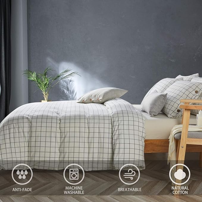 JELLYMONI Cotton Duvet Cover King Size - White Grid Plaid Comforter Cover with Button 100% Washed Cotton 3PCS Breathable Soft Bedding Set Duvet Cover 104×90in & 2 Pillowcases (NO Comforter)