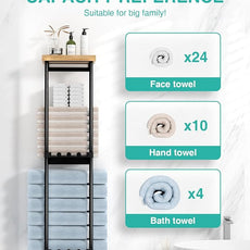 HapiRm Towel Racks for Bathroom Storage - No Drill Wall Mounted Towel Holder with Shelf and 6 Hooks, Rolled Towel Storage Bath Towel Organizer for Small Bathroom, Camper, Rv - Black