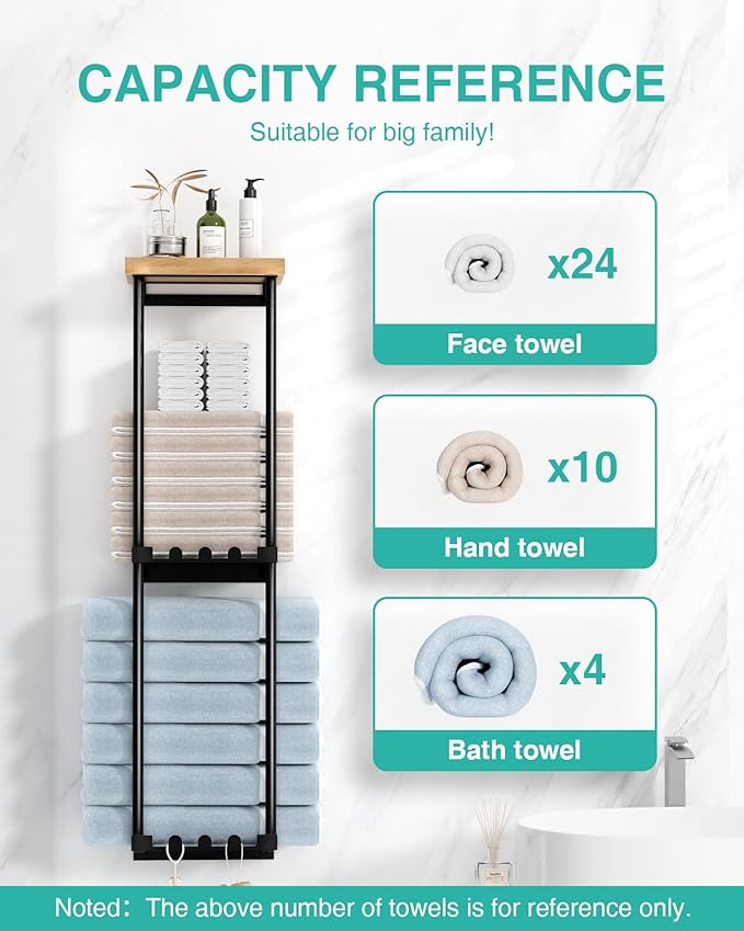 HapiRm Towel Racks for Bathroom Storage - No Drill Wall Mounted Towel Holder with Shelf and 6 Hooks, Rolled Towel Storage Bath Towel Organizer for Small Bathroom, Camper, Rv - Black