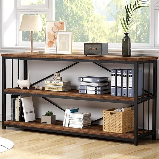 IBF Low Rustic 3 Tier Bookshelf, Industrial Horizontal Wood Bookcase, Farmhouse Long Wide Open Metal Etagere, Modern Large Vintage Book Shelf for Home Office Bedroom Living Room, Rustic Brown, 63 Inch