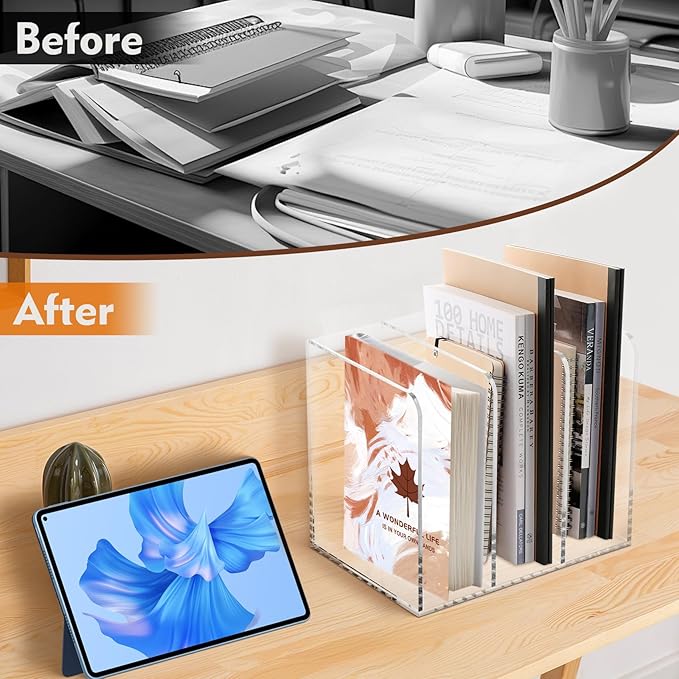 B5 Thickened Acrylic Desk Organizer,Book Organizer,Acrylic Book Holder,Acrylic File Organizer Equipped with 3 Vertical Compartments Rack,with Scratch-Resistant Pads to Protect Your Desktop