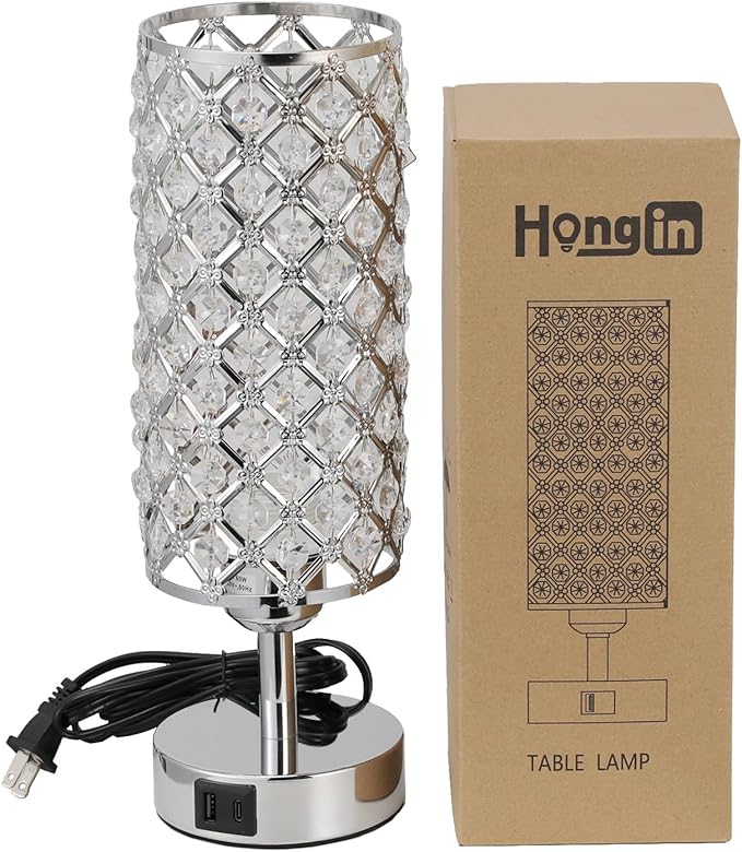 Crystal Touch Lamp with Touch Control, Sliver Table Lamp with USB-C+A Ports, 3 Way Dimmable Bedside Lamp Decorative Modern Nightstand Lamp, Bedroom Light for Living Room Side Table(Bulb Included)