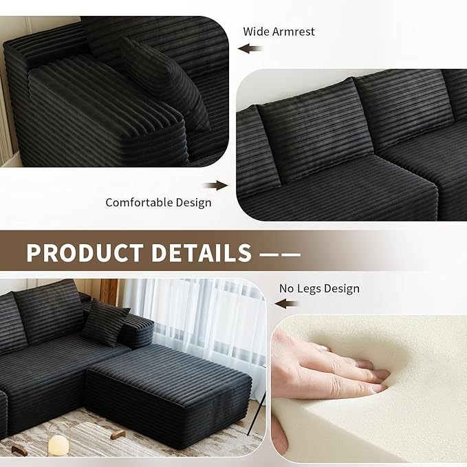 139.4" Modular Sectional Sofa, Oversized U-Shaped Minimalist Couches with 2 Middle Seats and 1 Ottoman Chaise, Modern Deep Seat Convertible Sleeper Sofa, Cloud Plush Corduroy Fabric,7 Seater, Black