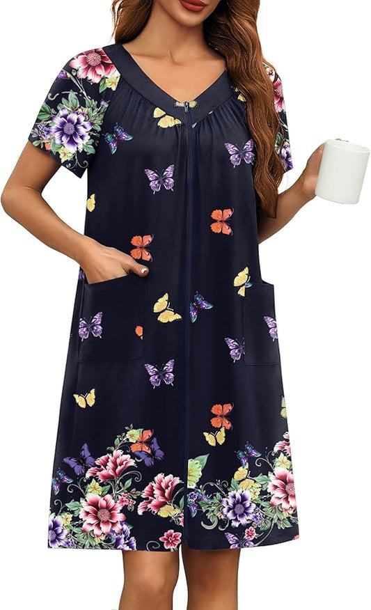 Ekouaer Women Robe Zipper Front Mumu Duster Robes Zip Up Housecoat Soft Sleepwear with Pockets