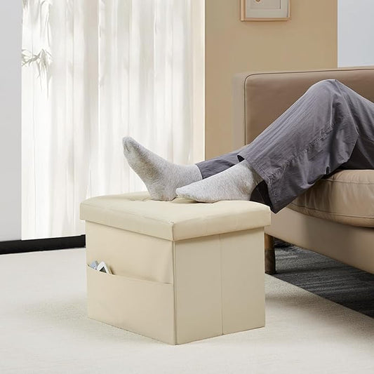 Storage Ottoman Foot Rest Stool, Small Leather Storage Ottomans Bench, Folding Footstool with Side Pockets, Foot Rest Under Desk for Living Room Bedroom, 17x13x13 in, Beige