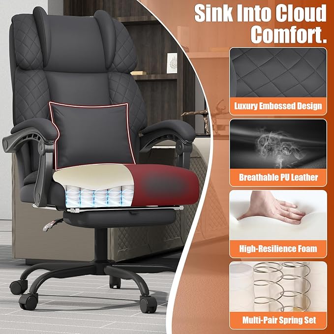 Ergonomic Office Chair with Footrest, 400lbs High Back Executive Home Office Computer Chair with Unique Ear-Shape Headrest for Neck Support,Black Leather Office Chairs for Home Office Work