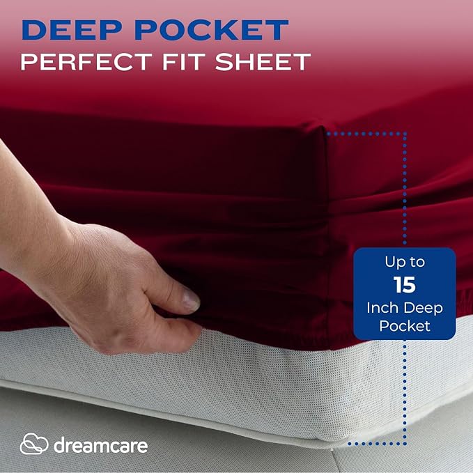 DREAMCARE Queen Size Sheets - Cooling Bed Sheets - 4pcs Set - up to 15" Deep Pocket Queen Sheet Set - Sheets Queen Size Bed - Soft & Long Lasting 100% Fine Brushed Polyester with Side Pocket -Brgndy DREAMCARE