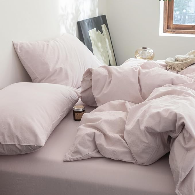 FOSSA Duvet Cover Set 100% Washed Cotton Linen Feel Super Soft Breathable Cozy 3 Pieces Bedding Sets Solid Greyish Pink Oversized Queen