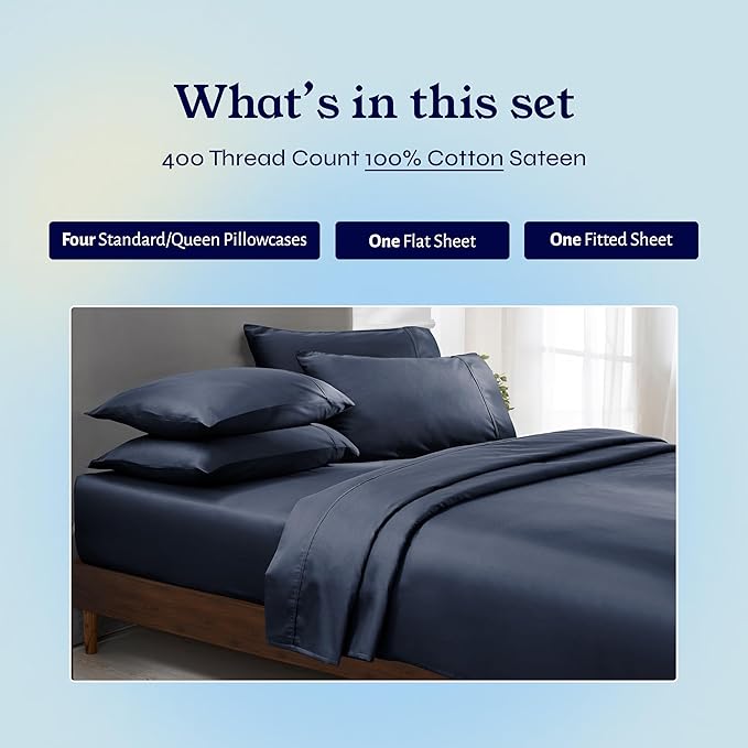 California Design Den 6-Pc Queen Size Sheet Set with 4 Pillowcases - 400 Thread Count 100% Cotton Sheets, Sateen Weave, Deep Pocket Bedsheets Set - Indigo Dusty Blue
