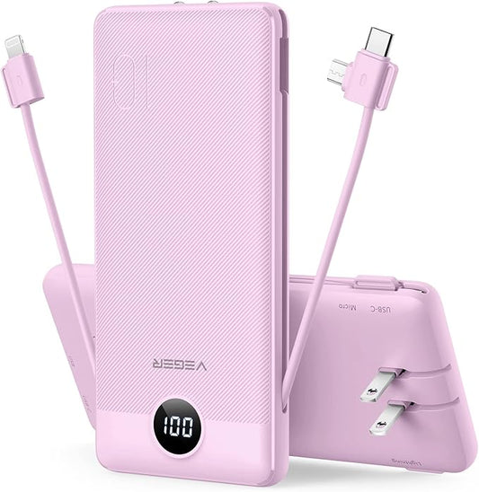 VEGER Portable Charger for iPhone Built in Cables and Wall Plug, 10000mah Slim Fast Charging USB C Power Bank, Travel Essential Battery Pack Compatible with iPhones, iPad, Samsung More Devices(Purple)