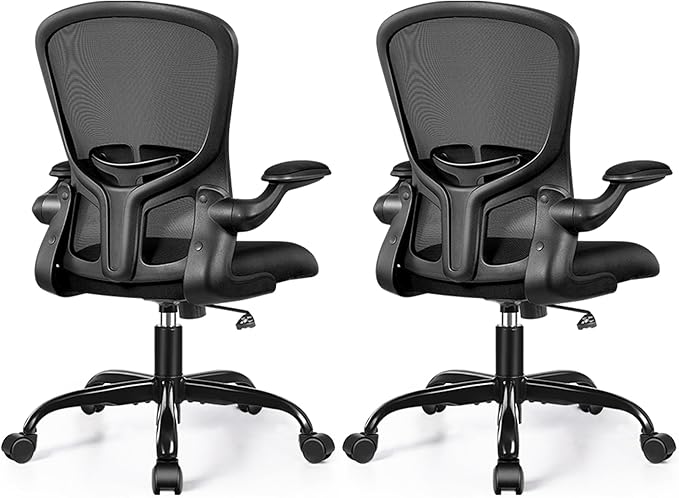 FelixKing Office Desk Chairs, Ergonomic PC Desk Chair with Wheels, Adjustable Lumbar Support and Height, Swivel Computer Chair with Flip-up Armrests, Ergo Mesh Backrest for Working (Black, Pack of 2)