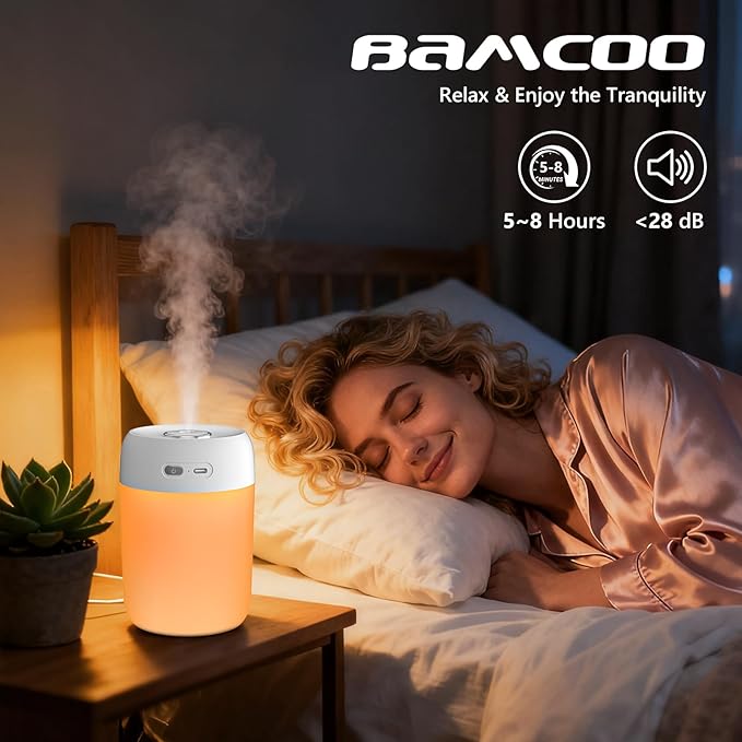 Portable Mini Humidifier, 650ml, Colorful LED Light & Warm Light, Cool Mist, USB, Personal Mini Humidifier for Desktop, Bedroom, Office, Home, Travel, Plants (White)