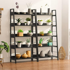 Himimi Black Ladder Bookshelf, 5 Shelf Bookcase Industrial Bookshelf Wood and Metal Bookshelves, Plant Flower Stand Rack Book Storage Shelves for Living Room, Bedroom, Home Office (2 PCS)