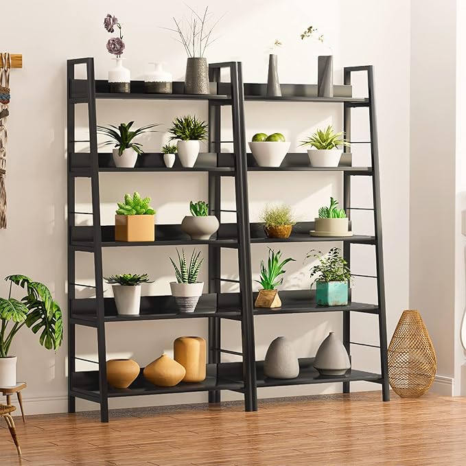 Himimi Black Ladder Bookshelf, 5 Shelf Bookcase Industrial Bookshelf Wood and Metal Bookshelves, Plant Flower Stand Rack Book Storage Shelves for Living Room, Bedroom, Home Office (2 PCS)