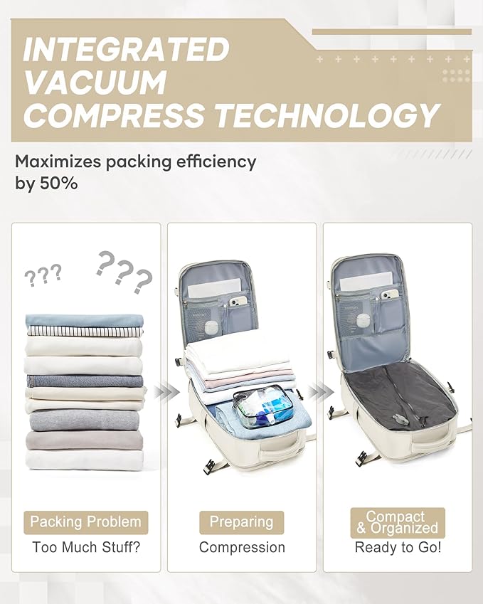 suwasp Vacuum Compression Backpack, 45L Expandable Travel Backpack with Electric Vacpack Pump, Travel Vacuum Bags with Shoe Compartment/17inch Laptop Compartment/USB Port, Beige