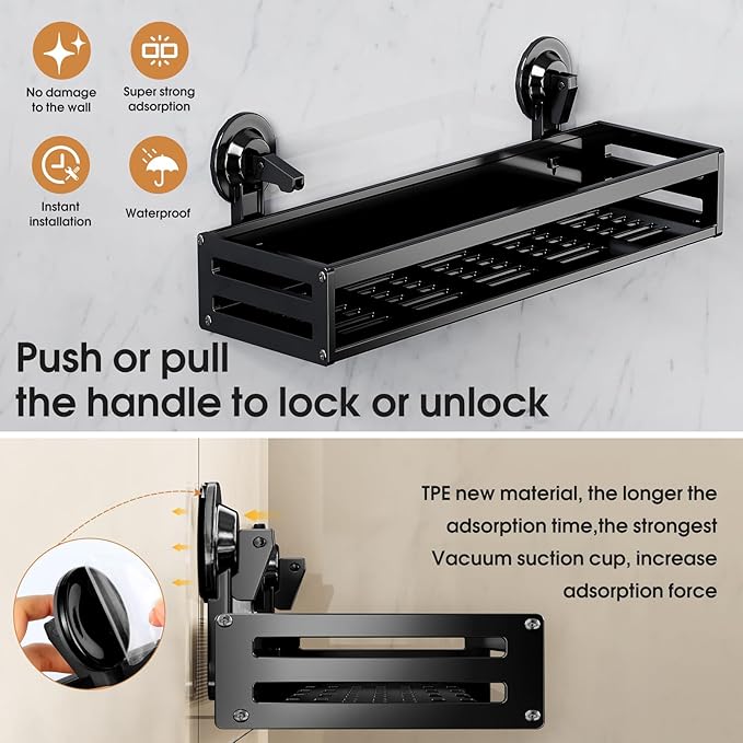 Shower Caddy Suction Cup, 15.8 inch 2 Pack Suction Shower Shelf with Hooks NO-Drilling Bathroom Holder, Rustproof Bathroom Organizer, Black,Includes 2 Extra Suction Cups for Replacement Use