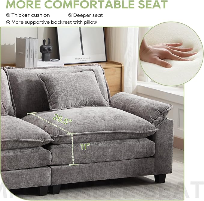 86" Modular Sectional Sofa, Comfy Cloud Couch Sectional Sofa with Ottoman, Chenille Sofa Sleeper Deep Seat Sofa with Throw Pillows for Living Room (Light Gray, 86"- Loveseat)