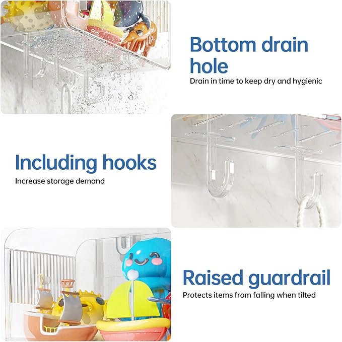 Bath Toy Storage Holder, 2 Pack Large Capacity Clear Adhesive Shower Caddy & Bathtub Organizer with Quick-Dry Holes, No Drill Wall Mounted for Bathroom, Kitchen