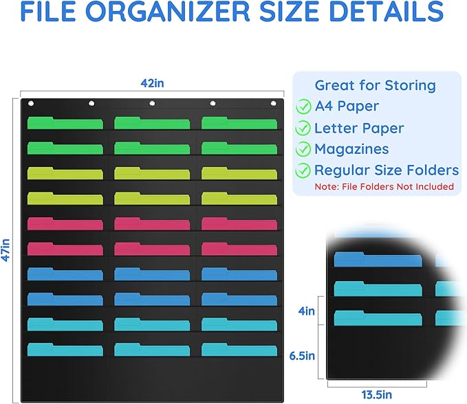 ZKOO 30 Pockets Hanging Wall File Organizer for A4 Size Paper/Legal/ Letter Size Document, Sturdy Wall Mail Organizer Black Pocket Chart Great for Classroom, Office, Home Use with 5 Hangers