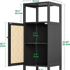 Bamboo Floor Rattan Cabinet, Small Bathroom Storage Organizer Rack with 1 Door and 1 Shelf, Space Saving Wood Kitchen Cupboard, Hallway Side Table, Living Room Freestanding Stand (Black)