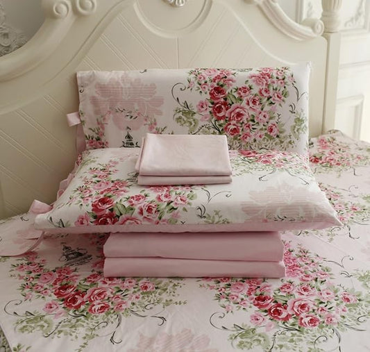 FADFAY Shabby Floral Bedding Set Full Size Sheet Set 4 Piece Premium 100% Cotton Pink Rose Pattern :1 Deep Pocket Fitted Sheet, 1Flat Sheet, 2 Pillowcases (Standard Size)